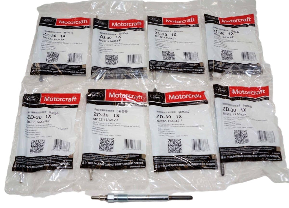 Motorcraft glow plug set with ZD11 to ZD30 for dependable diesel starts.