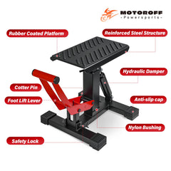 Motoroff center stand design for secure maintenance and storage