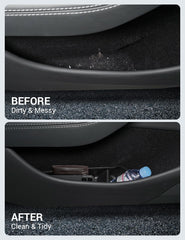 Motrobe Model Y Juniper rear door storage tray keeping sunglasses and wallets within easy reach