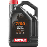 Motul 7100 15W-50 bottle front view showing premium motorcycle oil for high-performance engines.