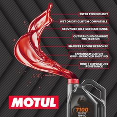Motul 7100 15W-50 oil pour close-up suggests smooth clutch feel and shifting.
