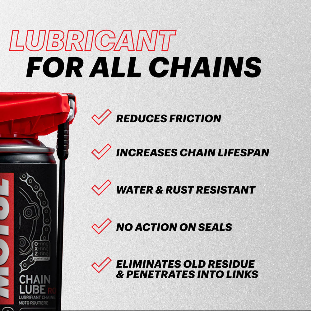 Motul C2 Chain Lube Road spray on chain shows protective lubrication