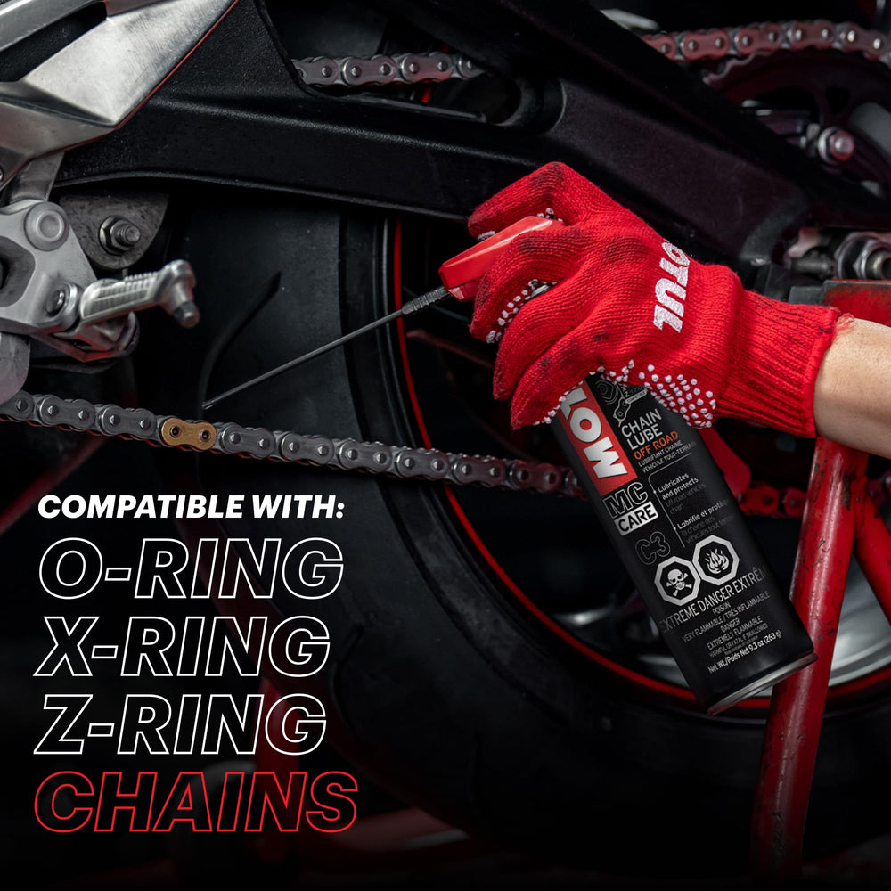Motul MC Care C3 Off RoadChain Lube resists mud and keeps chains clean.