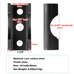MOUNTAIN_ARK U-saddle bracket image demonstrates sturdy leaf-spring support for 2-3/8 inch axles.