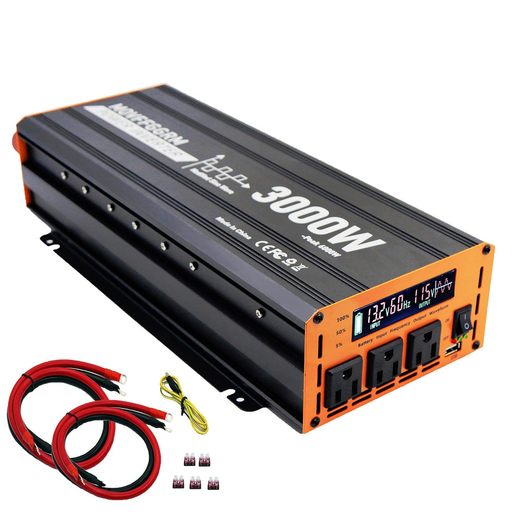 MOVFFGGRM 3000W inverter front view shows durable aluminum housing.