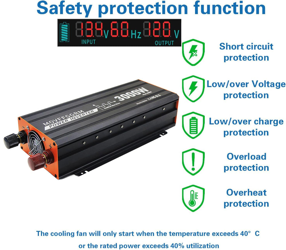 MOVFFGGRM 3000W inverter heat dissipation fins and quiet cooling.