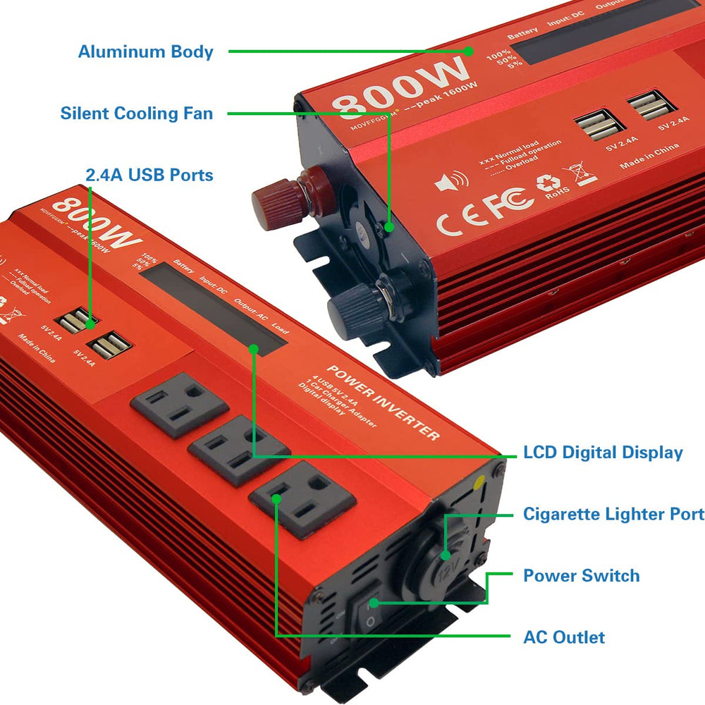 MOVFFGGRM inverter includes battery clips for direct 12V supply.