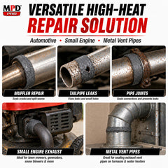 MPD Muffler Cement Putty dried, cured seal on metal surface.
