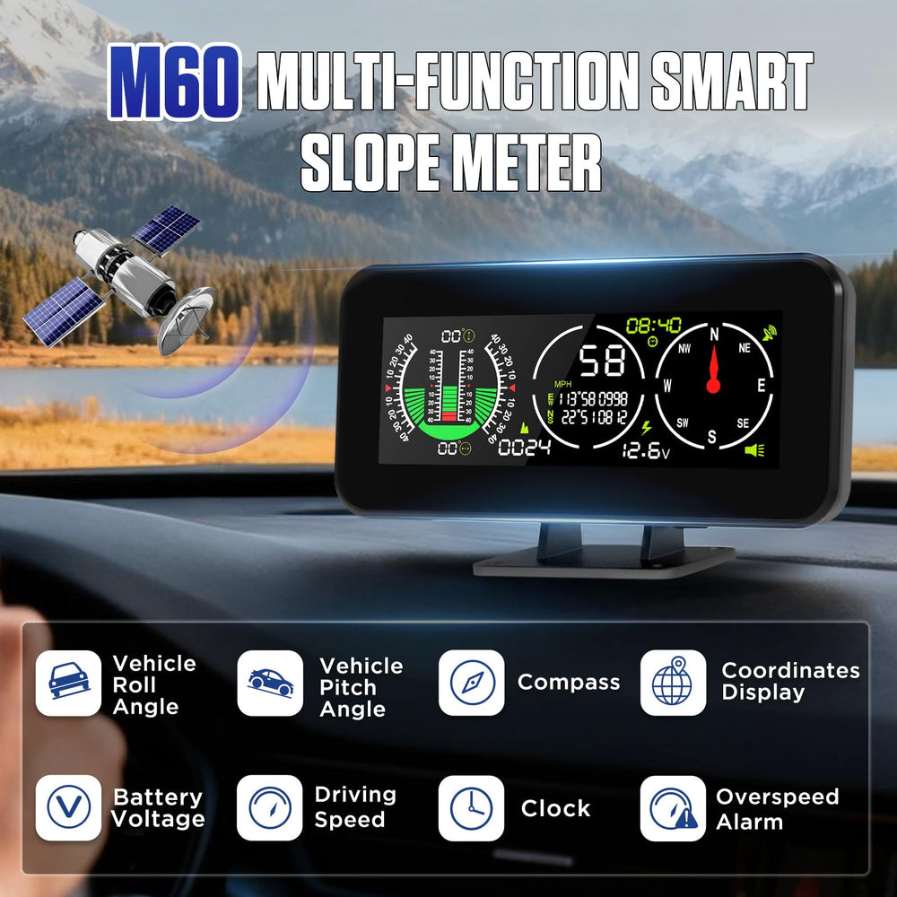 MR CARTOOL M60 tilt angle readout helps monitor vehicle pitch on uneven terrain