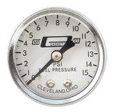 Mr. Gasket 1.5-inch fuel pressure gauge with a clear dial.