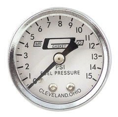 Mr. Gasket 1.5-inch fuel pressure gauge with a clear dial.