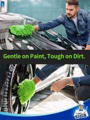 MR.SIGA double-sided chenille mitt close-up emphasizes lint-free cleaning capability.