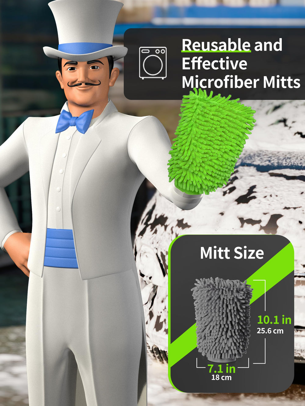 MR.SIGA premium mitt green close-up highlights dual-sided design for efficient cleaning.