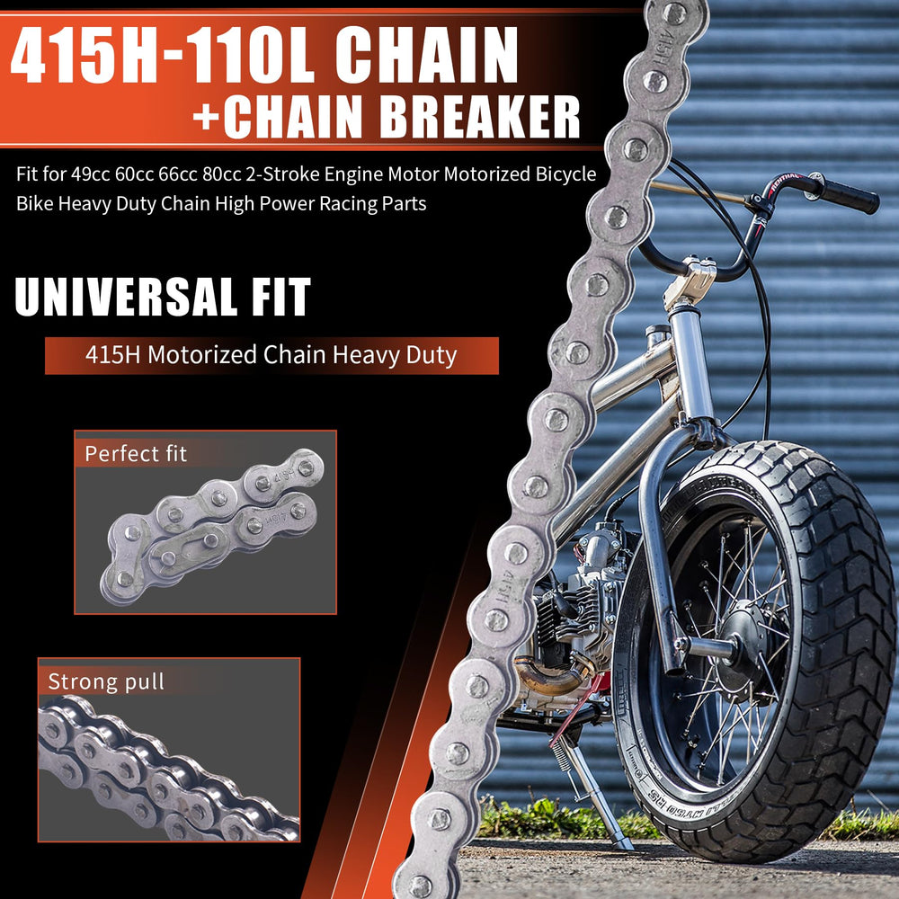 MRELC universal-fit 415H chain for 49cc-80cc bikes.