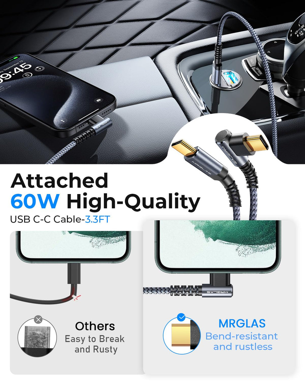 MRGLAS USB-C right angle cable 3.3 ft reduces clutter and endures heavy use.