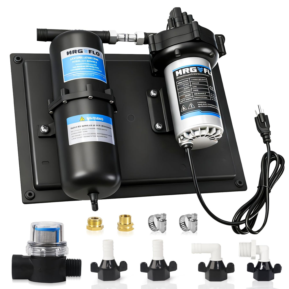 MRGVFLO RV water pump front view delivers steady pressure for home and RV use