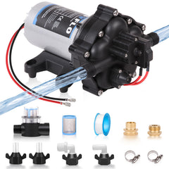 MRGVFLO upgraded 12V RV water pump body view shows compact installation-friendly design.