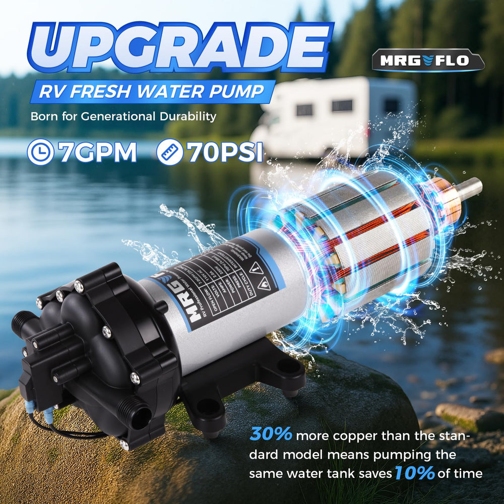 MRGVFLO upgraded 12V RV water pump diaphragm chamber closeup emphasizes five-chamber efficiency.