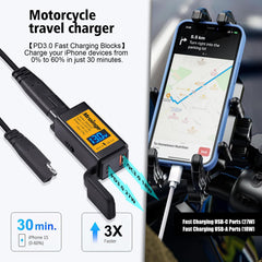 Mroinge USB-C charger dual ports powering two devices during a ride