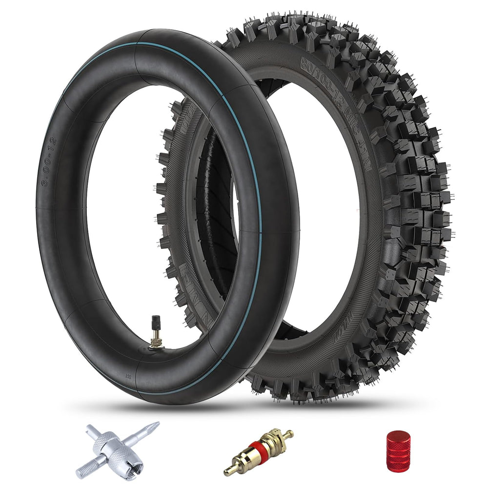 Mtilieosa rear tire 80-100-12 mounted on bike for enhanced off-road grip.