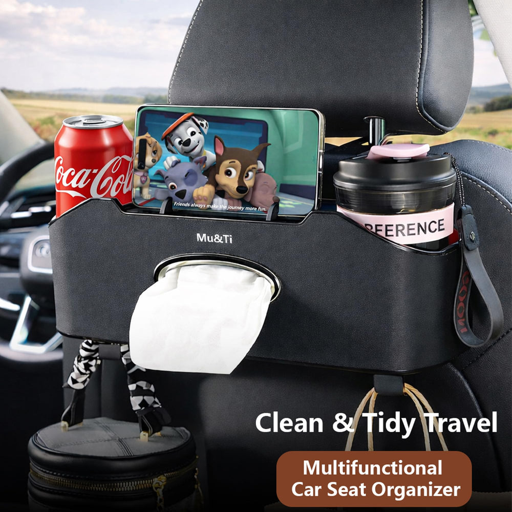 Mu&Ti back seat organizer tissue holder helps quick cleanups during daily drives.