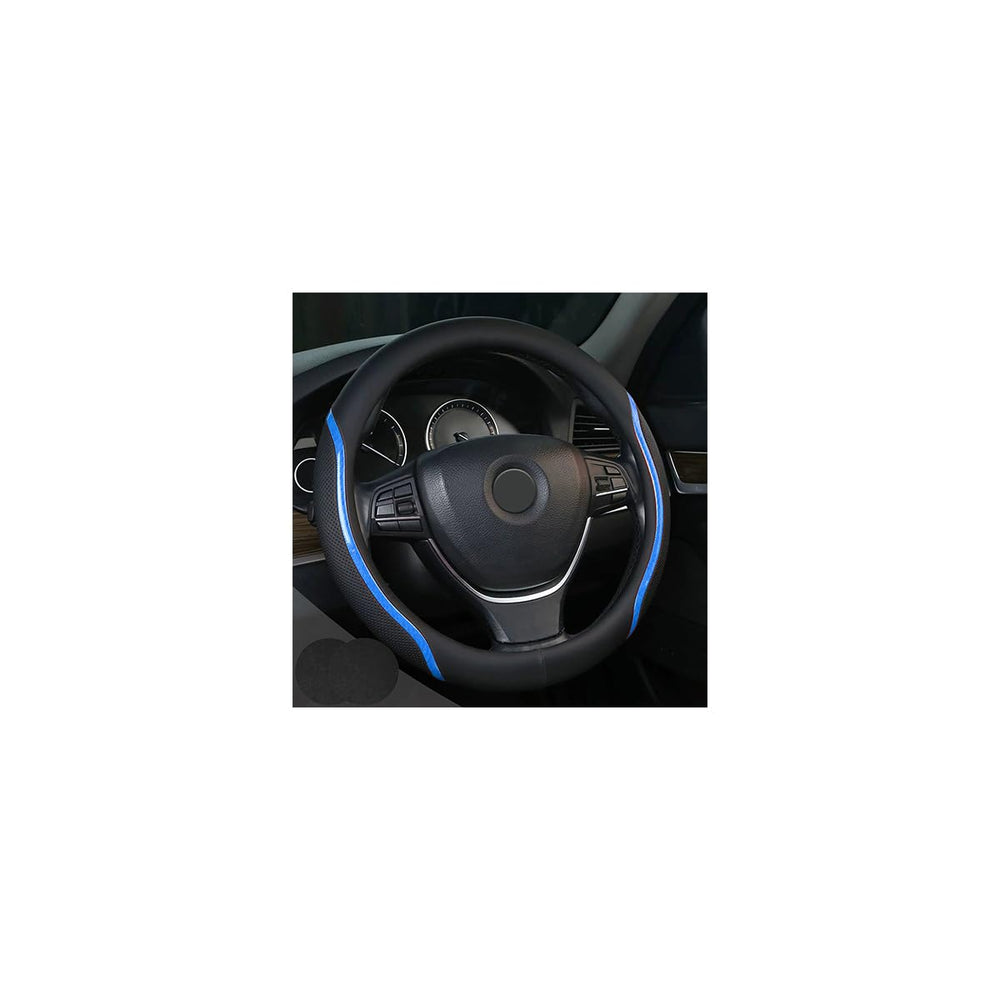 Muamos blue carbon fiber steering wheel cover with coasters adds luxury and protection.
