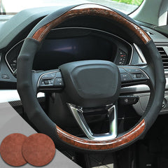 Muamos wood grain steering wheel cover close-up showing textured grip and premium look.