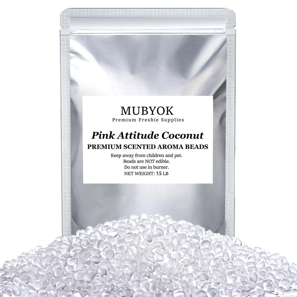 MUBYOK Pink Attitude Coconut aroma beads in a sealed bag for long-lasting fragrance.