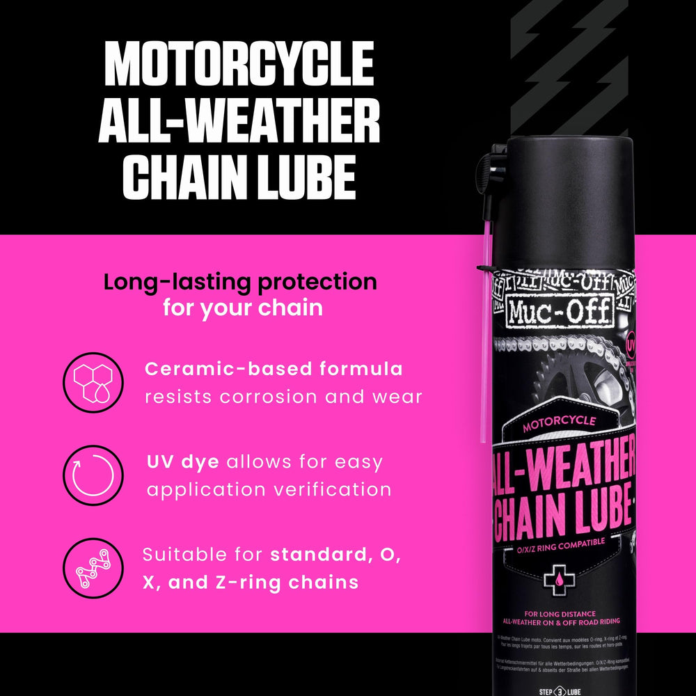 Muc-Off All-Weather Chain Lube spray on chain links for deep protection