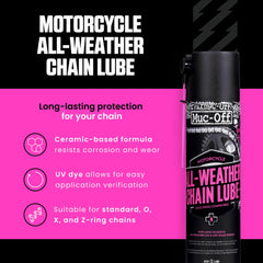 Muc-Off All-Weather Chain Lube spray on chain links for deep protection