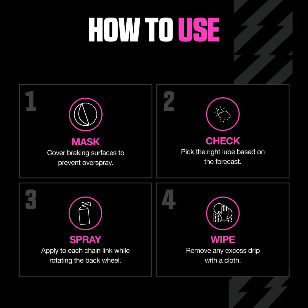 Muc-Off Dry Chain Lube on motorcycle drivetrain close-up indicating low friction performance.
