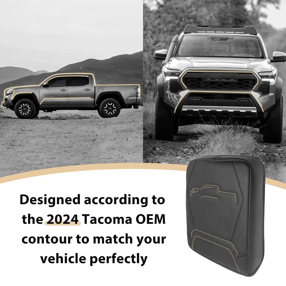 Muslogy armrest cover on Tacoma center console front view highlights fit.