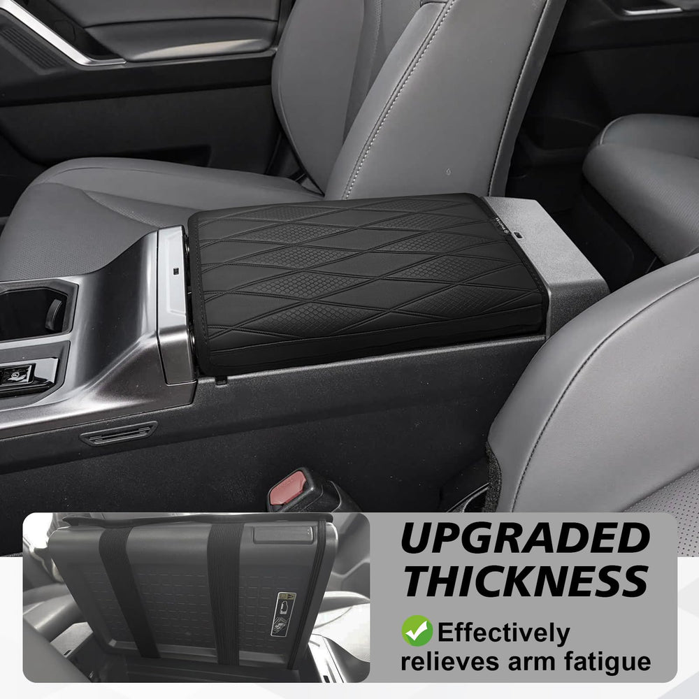Muslogy armrest cover fitment image showing precise alignment with 2026 RAV4 interior