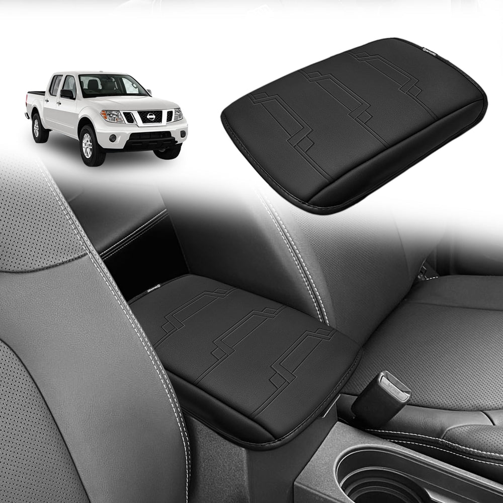 Muslogy center console armrest cover on Frontier – close-up texture of premium vegan leather