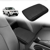 Muslogy center console armrest cover on Frontier – close-up texture of premium vegan leather