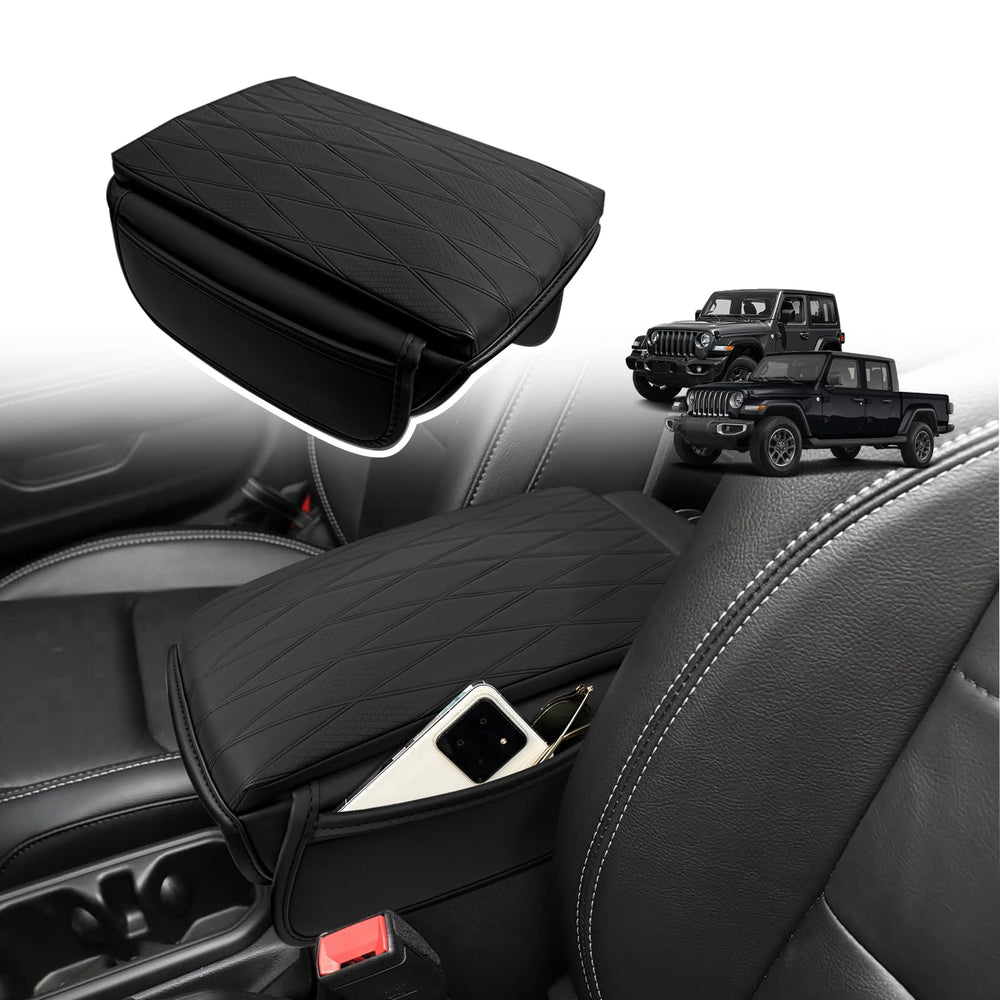 Muslogy center console armrest cover on Jeep Wrangler JL shows a snug fit and protection.