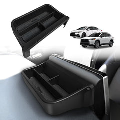 Muslogy dashboard organizer behind the 8-inch screen keeps essentials within easy reach.