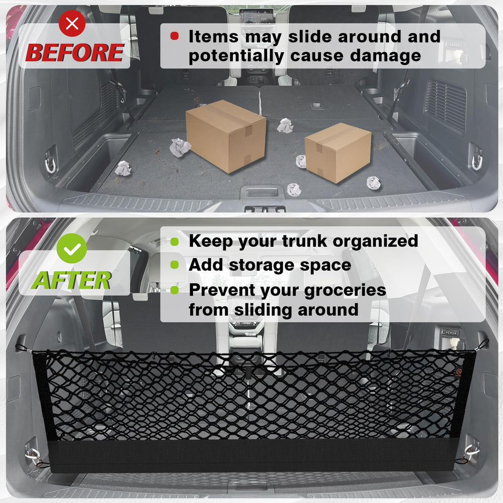 Ford Explorer trunk setup with Muslogy cargo net for secure transport.