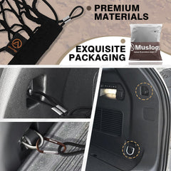 Heavy-duty carabiners secure the cargo net to anchor points for strong support.