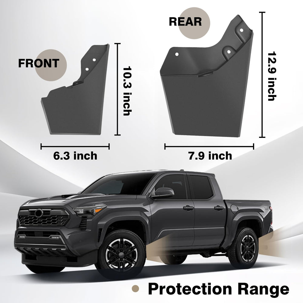 Muslogy Tacoma mud flap front-right shields rocker panel during spray