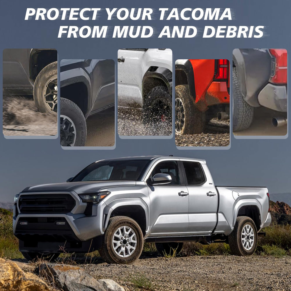Muslogy Tacoma mud flap kit shows complete parts for installation
