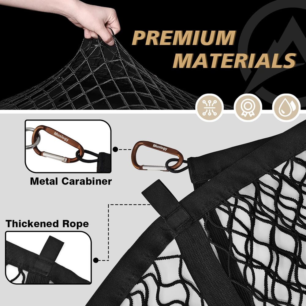 Muslogy cargo net shows sturdy metal hooks resisting breakage during rugged travel