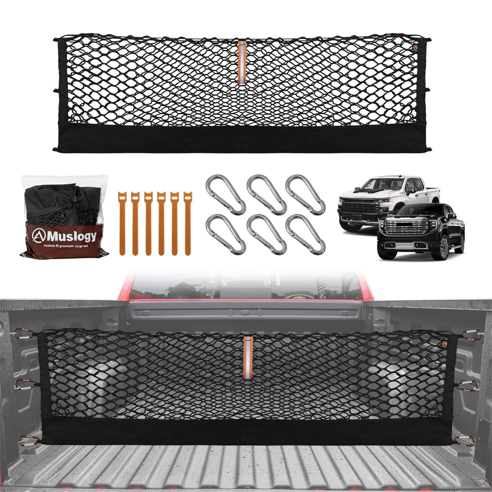 Muslogy cargo net with a precise custom-fit in the Silverado bed secures items during transit.