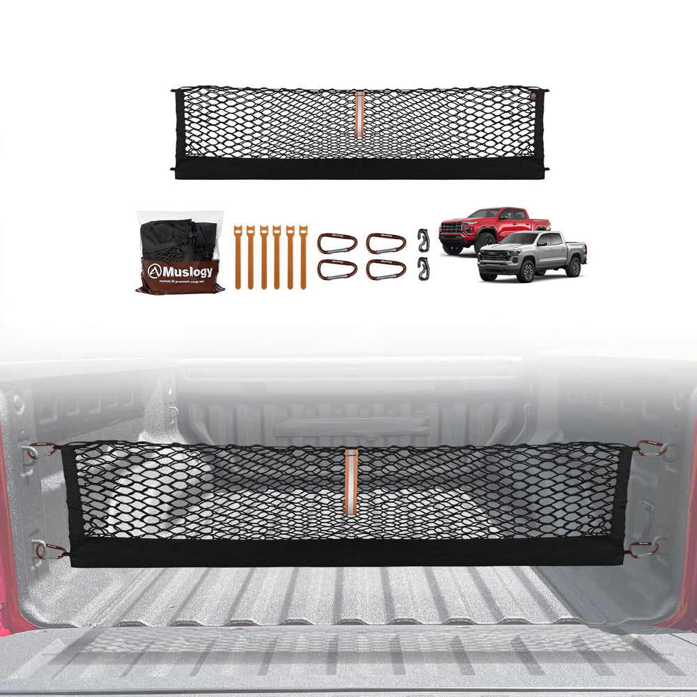 Muslogy truck bed cargo net installation showing quick trunk organization.