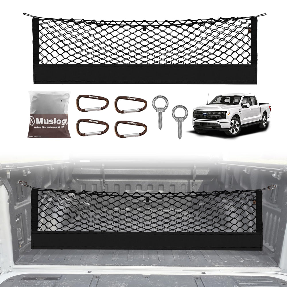 Muslogy truck bed cargo net installed on Ford F-150 for secure cargo