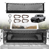 Muslogy truck bed cargo net mounted on Jeep Gladiator for organized loads.