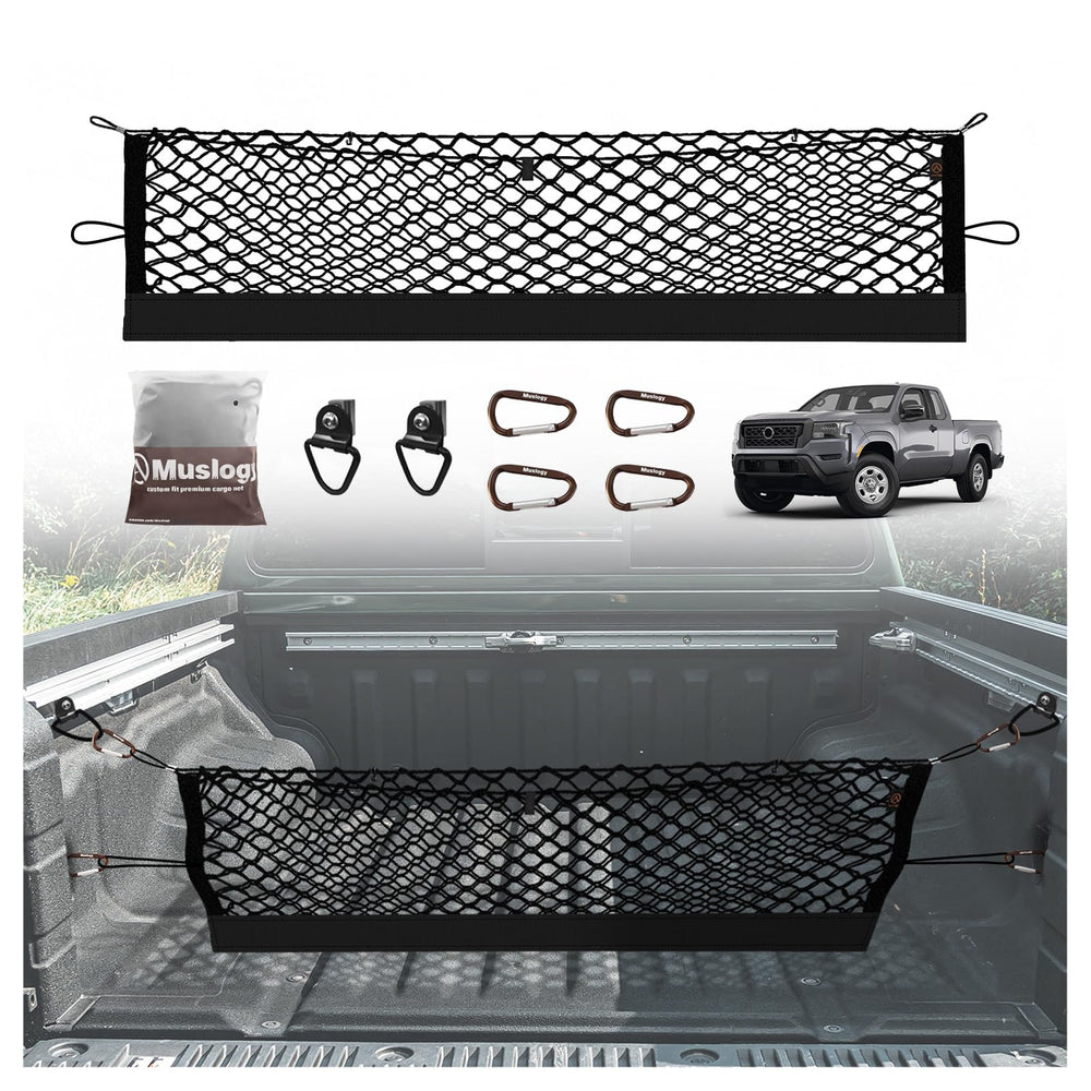 Muslogy truck bed cargo net for Nissan Frontier 2022-2026 keeps items secure during travel.