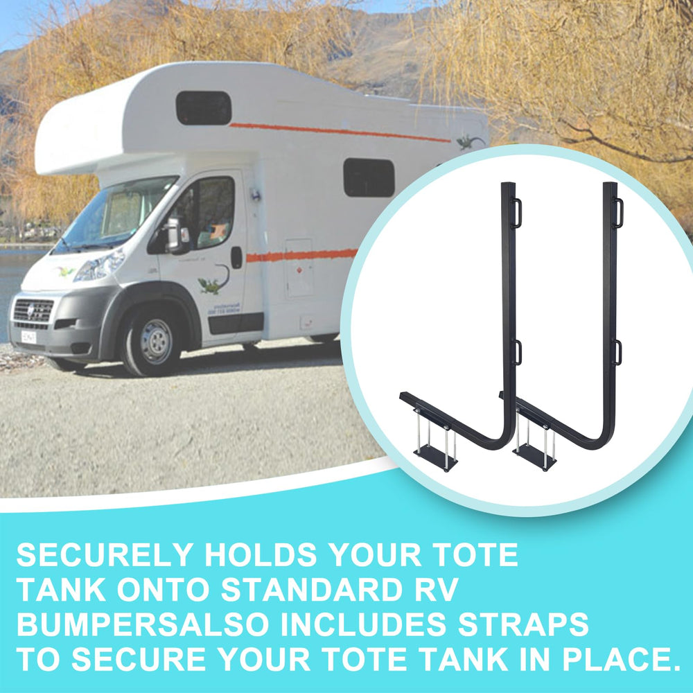 MY RUSTIC RV Bumper Rack secured with straps ensures tanks stay in place during travel.