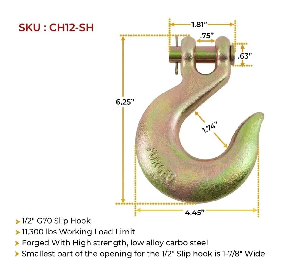 Mytee Products slip hook with 11,300 lbs WLL resists rain and mud.