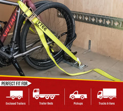 Trailer setup using E-Track system with Mytee wheel chock in use.